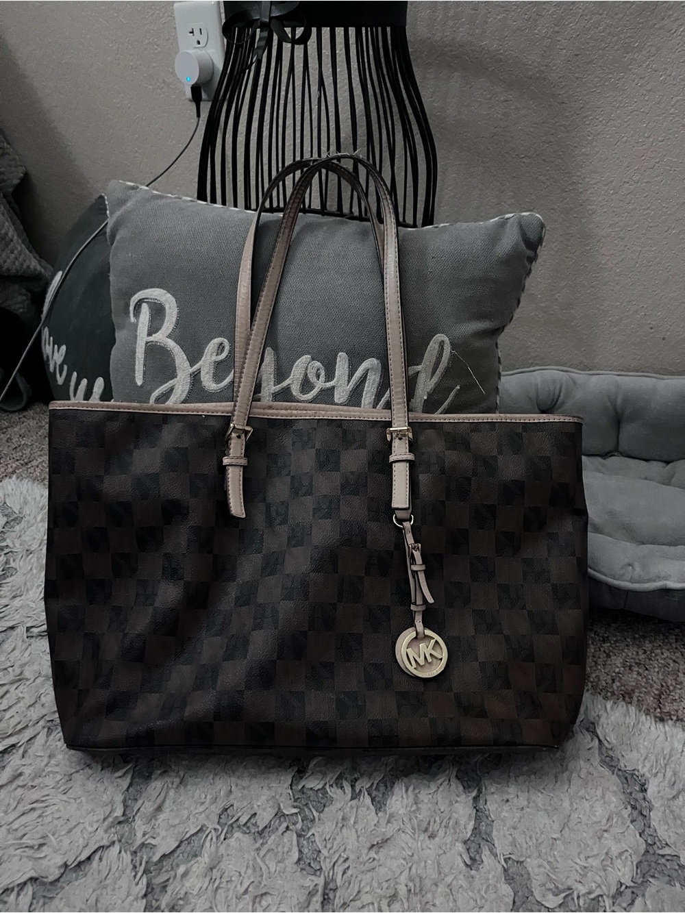 Michael Kors Brown Checker Tote with Gold MK Charm